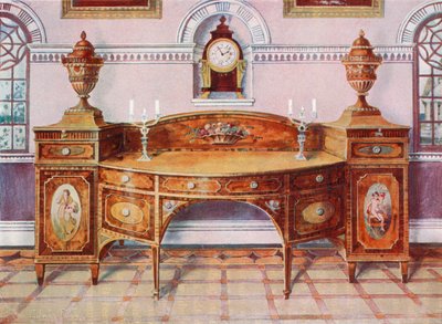 Painted and Inlaid Satinwood Sideboard. Mahogany Bracket Clock by Edwin John Foley